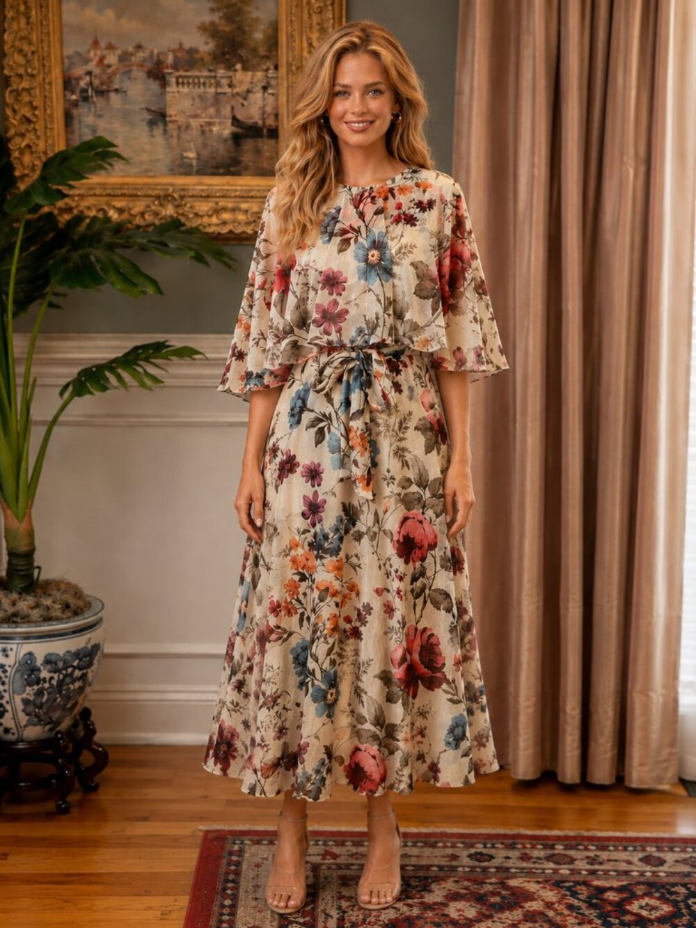 NWOT Mikael Aghal Floral Chiffon Cape Midi Length Dress Size 2